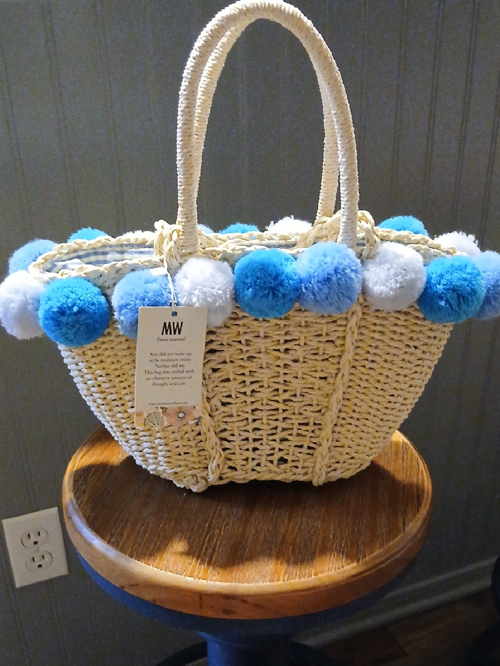 Most Wanted Blue Pom Pom Straw Bag
